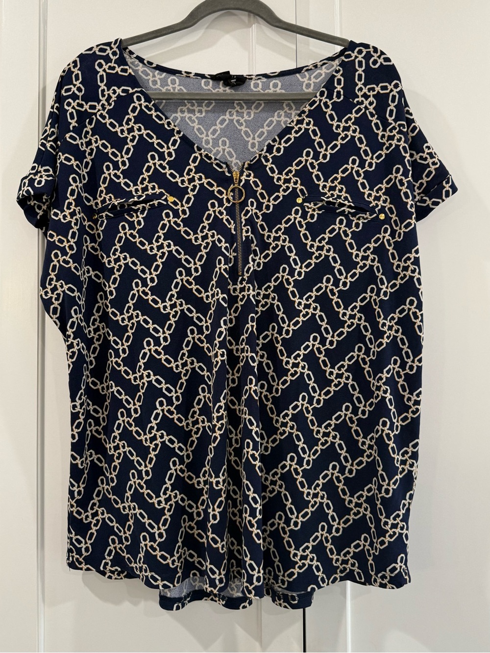 Navy Chain-Print Short Sleeve V-Neck Blouse